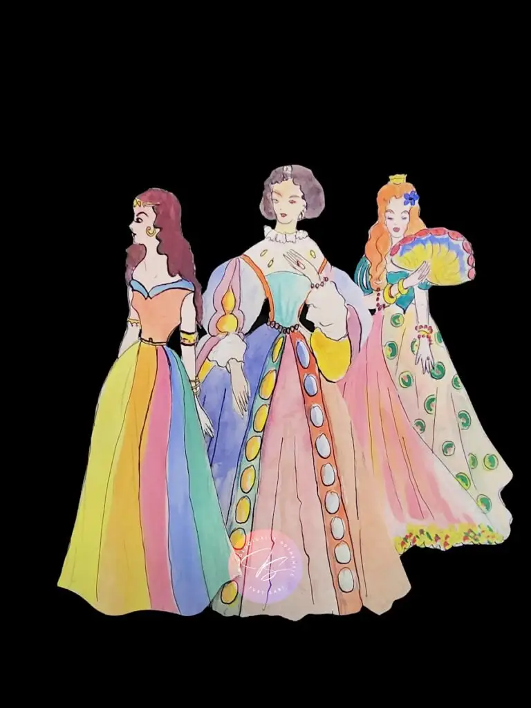 Drawing of three women in long gowns, fantasy